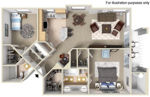 A detailed 3D floor plan of a house showing all rooms and their layouts.